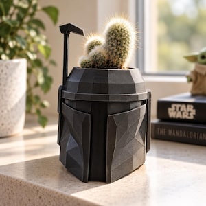 May include: A dark grey, low-poly geometric planter shaped like a helmet with a T-shaped visor and a small antenna on the left side. A small, spiky green cactus is planted inside the top opening of the helmet-shaped container.