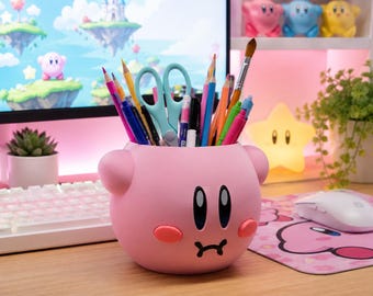 Pink Kirby Pen Holder & Planter | Cute 3D Printed Desk Organiser | Gamer Pencil Pot | Succulent Plant Pot | Gaming Room Decor