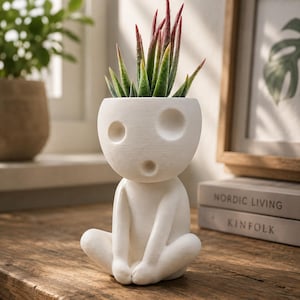 May include: A white, matte-finished planter shaped like a seated, stylized humanoid figure with a round head featuring three circular indentations. The planter holds a small succulent plant with pointed, green and reddish-tipped leaves.
