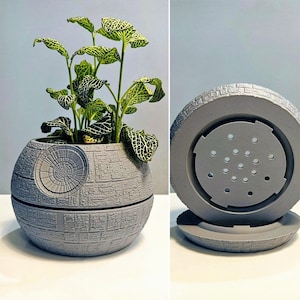 Death Star Planter with Hidden Drip Tray – Star Wars Inspired Plant Pot – Geeky Home Decor – Gift for Fans & Plant Lovers