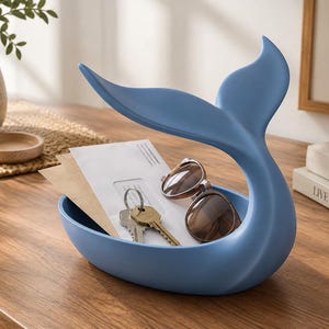 Può includere: Una ciotola portaoggetti azzurro opaco a forma di coda di balena. La pinna caudale curva si estende verso l'alto dalla base, che contiene un mazzo di chiavi in metallo, un paio di occhiali da sole marroni e diverse buste bianche.