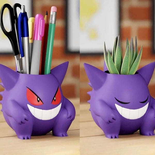 Maceta Gengar – Portalápices Pokémon – 3 tamaños – Diseño con ojos abiertos/cerrados – Opción pintada o sin pintar