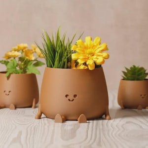 Urocza doniczka z uśmiechniętą buźką i nóżkami, doniczka na sukulenty i kaktusy, dekoracja biurka w stylu kawaii, doniczka drukowana w 3D, prezent dla miłośników roślin