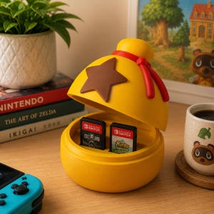 Può includere: Un contenitore giallo, rotondo e a forma di campana con un emblema a stella marrone e un dettaglio a nastro rosso. Il coperchio è parzialmente aperto e rivela due cartucce di gioco per Nintendo Switch all'interno: Cult of the Lamb e Kirby e la terra perduta.