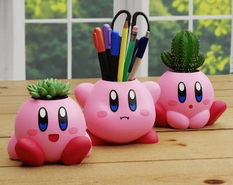 Kirby Planter | Cute Flower Pot or Pen Holder | 3D Printed | Painted or DIY | 3 Designs | Nintendo Gift | Gamer Desk Decor