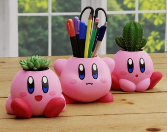 Kirby Planter | Cute Flower Pot or Pen Holder | 3D Printed | Painted or DIY | 3 Designs | Nintendo Gift | Gamer Desk Decor
