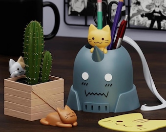 Anime Helmet Cat Plant Pot - Set Flower Succulent Planters Pen Holder Cats Armour Desk Tidy Coaster - Painted or Unpainted