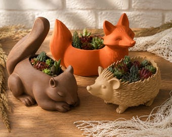 Animal Planter Set | Fox, Hedgehog & Squirrel Plant Pots | 3D Printed Succulent Planters | Woodland Animal Decor | Choose One or Set