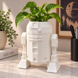 Può includere: Un vaso bianco stampato in 3D a forma di personaggio robotico con corpo cilindrico, due gambe laterali e un'apertura superiore piatta. Una pianta verde dal fogliame variegato è inserita nel contenitore di plastica bianca, caratterizzato da dettagli geometrici stampati.