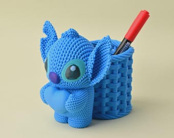 Knitted Stitch Pen Holder with Heart | Cute Desk Organizer | Kawaii Pencil Pot | Office Desk Storage | Disney Inspired Gift