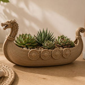 May include: A tan, boat-shaped planter featuring a carved dragon head at the bow and circular shield details along the side. The vessel is filled with small pebbles and four green succulent plants, including a central striped haworthia.