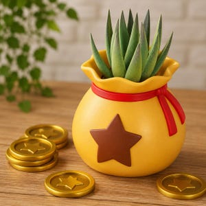 May include: A yellow money bag planter with a red ribbon tie and a brown star emblem on the front. The planter holds a green succulent plant with pointed leaves. Several gold-coloured circular coins with star designs are scattered nearby.
