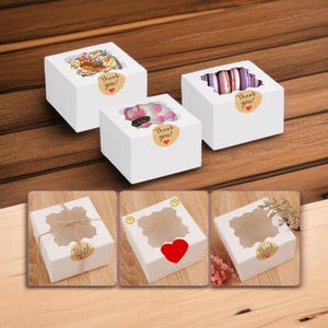 24pcs Small Bakery Boxes with Window (4x4x2.5) – Cookie, Treat, Dessert & Pastry Boxes for Mini Cakes – Party Favor Gift Boxes with Stickers