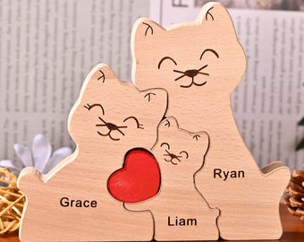 Personalized Wooden Cat Family Puzzle, Engraved Cat Family Keepsake Gift, Gift for Cat Lovers, Parents Anniversary Gifts, Cat Mom Gift