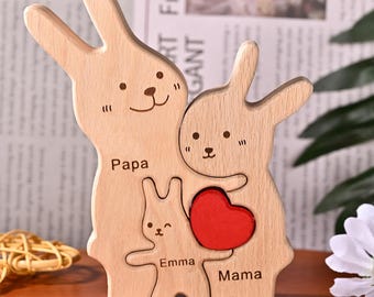 Personalized Bunny Family Wooden Puzzle, Engraved Keepsake Gift
