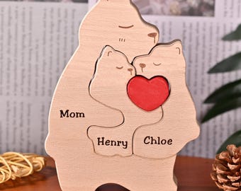 Wooden Bear Family Puzzle, Personalized Gift for Mom Dad Kids, Custom Engraved Names, Wooden Family Ornament