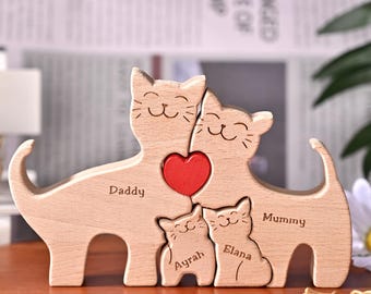 Personalized Wooden Cat Family Puzzle, Cat Family Crafts, Handmade Wood Cat Figurines, Cat Lover Gifts, Nursery Cat Decor, Cat Toy for Kids