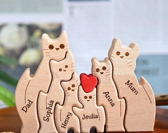 Wood Cat Family Jigsaw Puzzle, Engraved Cat Figurines, Anniversary Birthday Gift for Wife, Family Keepsake Gift for Parents