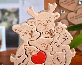 Personalized Elk Family Puzzle, Wooden Hugging Elk Family Ornament, Parents Baby Name Puzzle, Baby Shower, Family Keepsake Gift