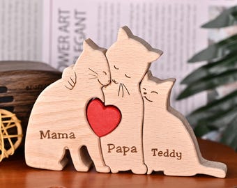 Personalized Wooden Cat Family Puzzle, Engraved Names Keepsake Gift