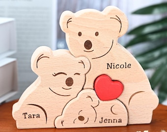 Personalized Koala Family Wooden Puzzle, Custom Animal Home Decor, Engraved Koala Figurines, Family Keepsake Gift, Mother's Day Gift for Mum