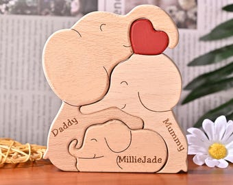 Personalized Wooden Elephant Family Puzzle, Custom Home Decor, Engraved Animal Figurines, Gift For Anniversaries, Mother's Day Gift for Mum