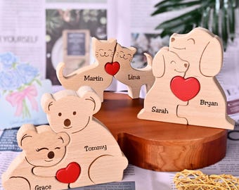 Personalized Wooden Animal Puzzle, Engraved Names, Couple Gift