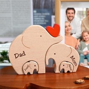 Wooden Engraved Elephant Family Puzzle, Custom Elephant Figurines, Family Home Decor, Gift for Family, Gift For Parents, Nursery Decor