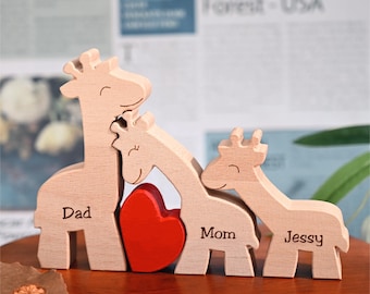 Engraved Wooden Giraffe Family Puzzle, Personalized Keepsake, Mother's Day Gift for Mom, Gift for Wife