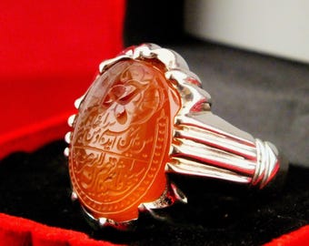 Handmade Sterling Silver Yemeni Agate Ring with Islamic Script (Size 9)