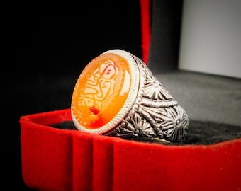 Handmade 990 Sterling Silver Ring with Yemeni Aqeeq, Islamic Script