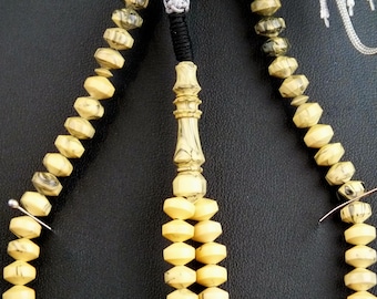 Antique Bakelite Rosary, Yellow Marbled Beads, Handmade Misbah Tasbih