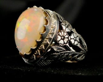 Handmade Engraved Sterling Silver Ethiopian Opal Statement Ring, Size 11
