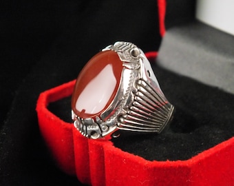 Handmade Red Agate Sterling Silver Ring, Persian Zangani Style, Size 9