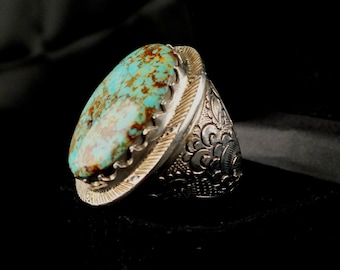 Handmade Engraved Sterling Silver natural Turquoise Ring, Size 12