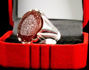Handmade 990 Sterling Silver Agate Ring, Quran Engravings (Size 9)