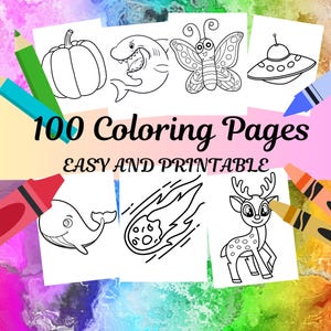 100 easy coloring pages for Preschoolers, Toddlers Coloring Page Preschool Kindergarten Homeschool Printables, Digital Download Coloring