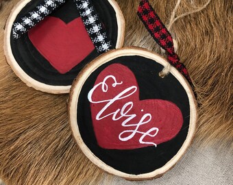 Personalized Heart Christmas Ornament Wood Slice Valentines