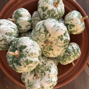 May include: A collection of decorative pumpkins with a white base and green botanical patterns. Each pumpkin has a gold-colored stem and is arranged in a brown ceramic bowl. Ideal for fall decor.