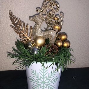 Christmas Centerpiece, Christmas Table Decor, Handmade Holiday Decor, Gold Glittery Reindeer, Gold Snowflake Decor, Christmas Holiday Gift,