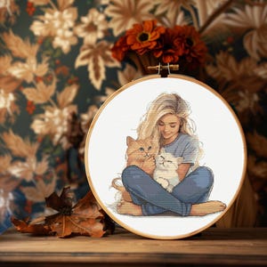 Girl with cats medium size Cross Stitch Pattern PDF - Instant Download, DIY Needlework, Beginner-Friendly Embroidery Design