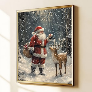 Santa Claus Reindeer Wall Art Print, Forest Snowfall in Winter Printable Christmas Home Decor, Digital Download, Holiday Home Improvement