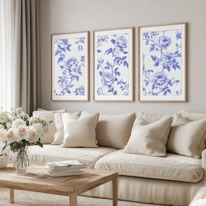 Arte de parede azul vintage floral impressão conjunto de 3 pôsteres azuis download digital chinoiserie decoração de parede arte estética impressão simples