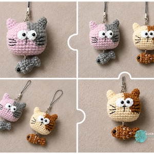 May include: Crochet cat charms with attached fish pendants, featuring two-toned color schemes in pink and gray or beige and brown. Each cat has large white eyes, black stitched whiskers, and a black cord loop for hanging. The text Luonghongart is visible.