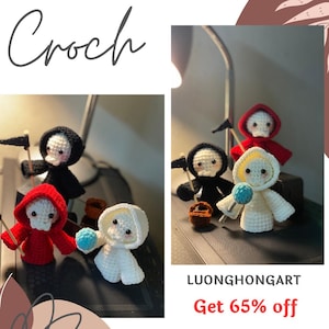May include: Four crocheted figures, including a black hooded figure, a red hooded figure, a white hooded figure, and a white figure with a blue lollipop. The figures are arranged on a surface with a lamp in the background. The text "LUONGHONGART Get 65% off" is visible in the bottom right corner of the image.