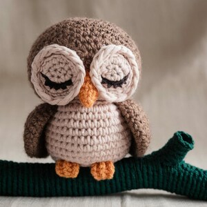 May include: A crocheted owl toy made with brown and beige yarn, perched on a green branch. The owl has its eyes closed and a small orange beak.