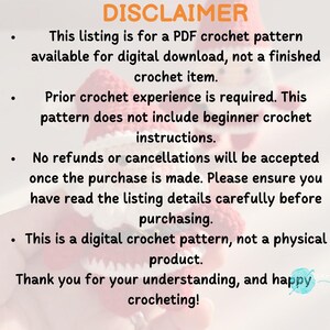 Puede incluir: Un patr&oacute;n de ganchillo en PDF digital con el texto: DISCLAIMER. This listing is for a PDF crochet pattern available for digital download, not a finished crochet item. Prior crochet experience is required. No refunds.