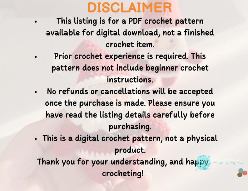 Puede incluir: Un patr&oacute;n de ganchillo en PDF digital con el texto: DISCLAIMER. This listing is for a PDF crochet pattern available for digital download, not a finished crochet item. Prior crochet experience is required. No refunds.