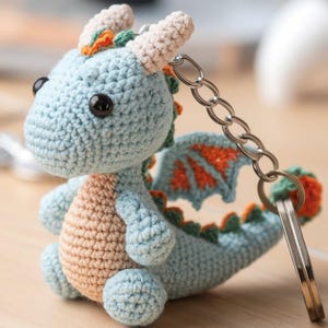 May include: A crocheted blue dragon keychain with orange and green accents. The dragon has a small, cute face and a long tail.