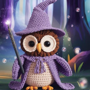 Può includere: Un gufo di uncinetto viola che indossa un cappello da mago viola e tiene una bacchetta di legno. Il gufo ha occhi marroni e un becco marrone. Il gufo è seduto in un ambiente boschivo.
